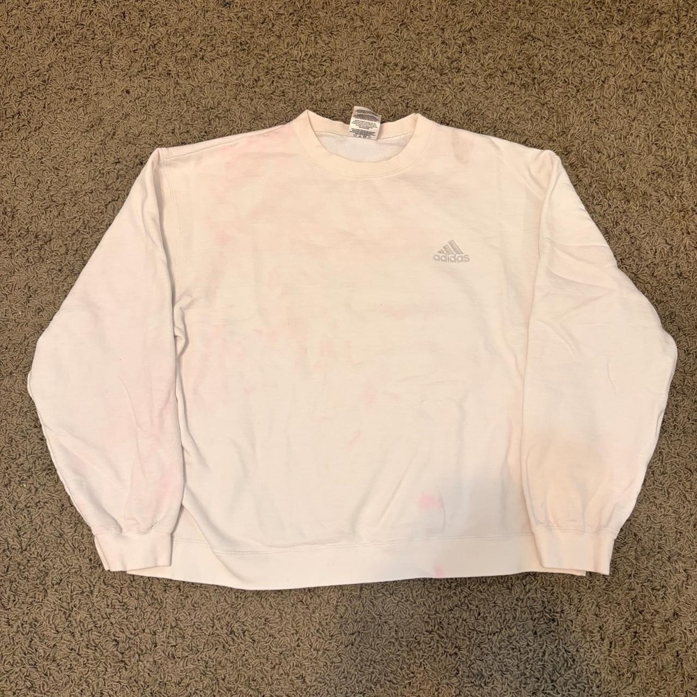 Adidas Womens Crewneck Sweatshirt White Pink Stained Minimalist Fleece Small